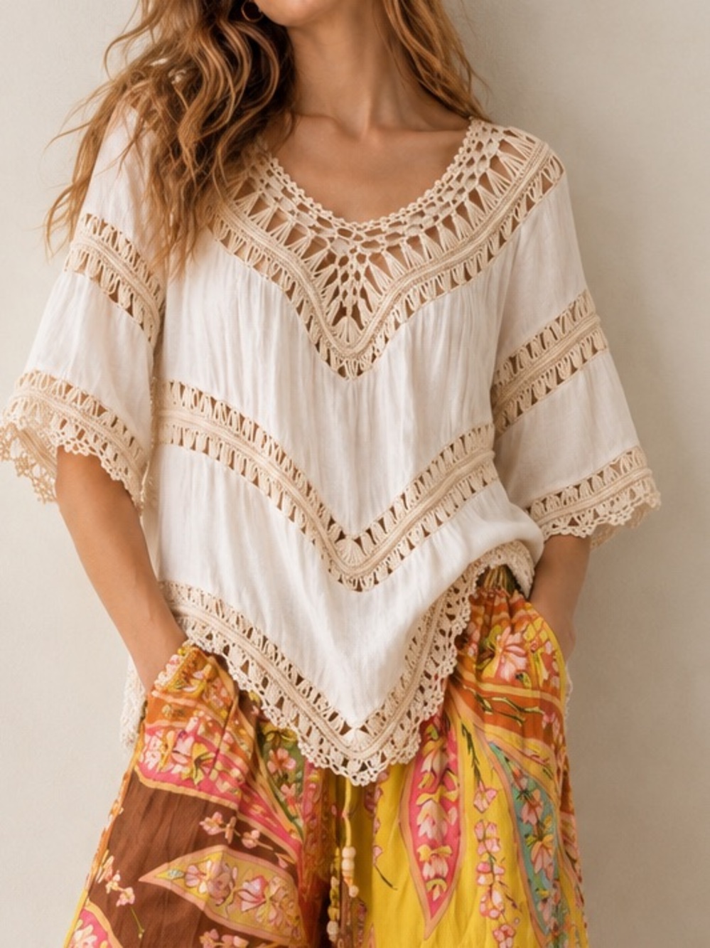 Pretty Angel Cream Textured Linen Blend Boho Macramé Crochet Blouse Top Sz Large
